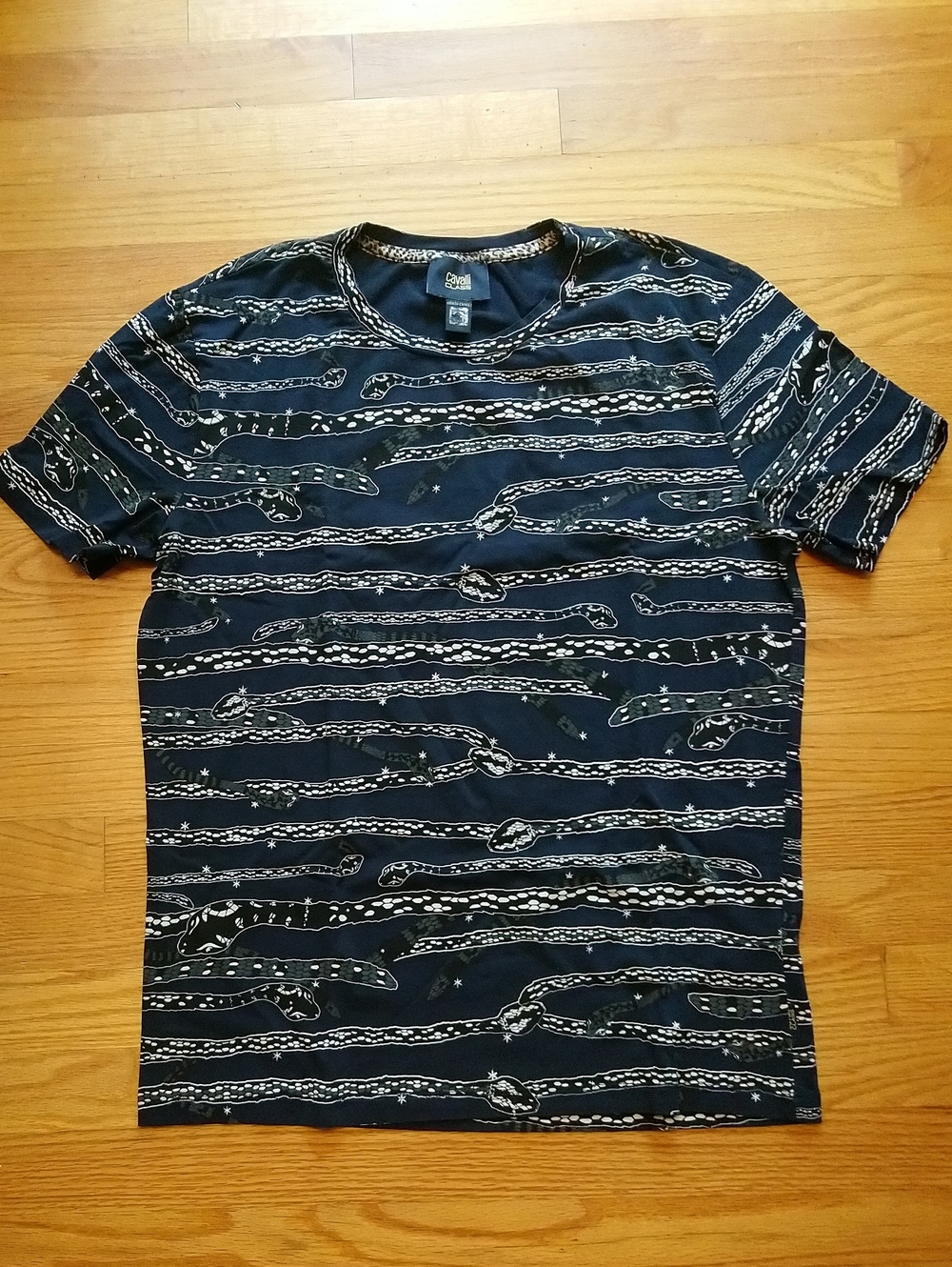 ROBERTO CAVALLI Men's Navy Patterned Short-Sleeve Shirt